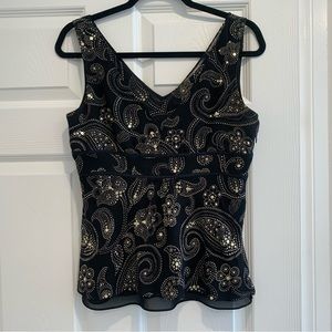 Ann Taylor Black sleeveless Chiffon Top with Subtle Pattern and sequins